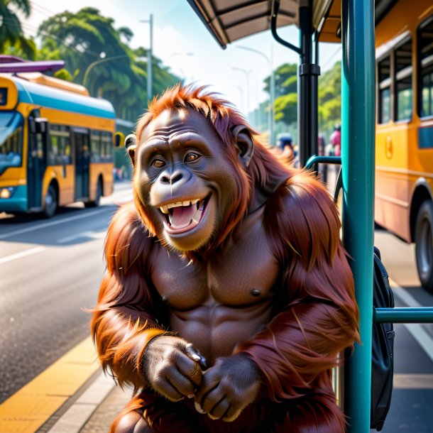 Picture of a smiling of a orangutan on the bus stop