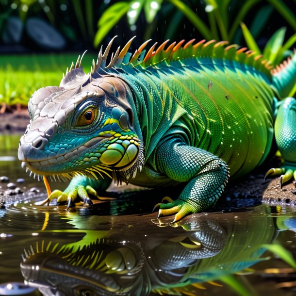 Foto de una comida de una iguana en el charco