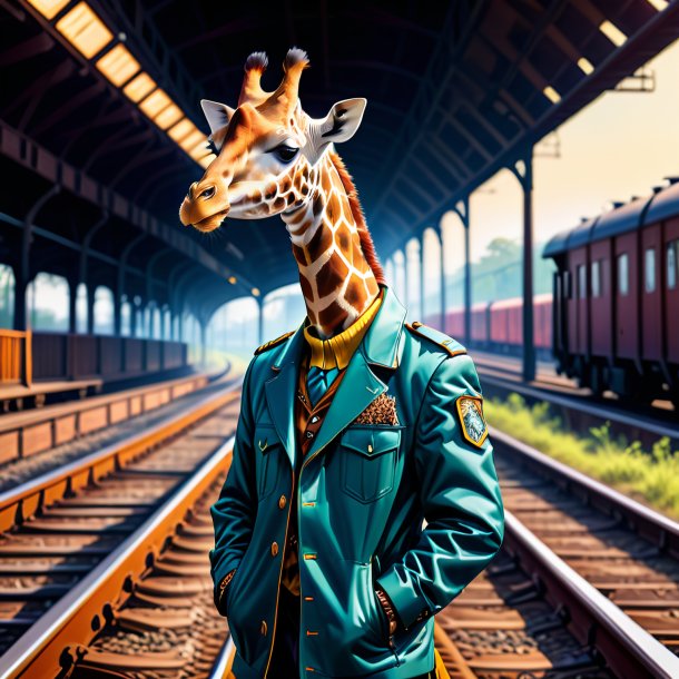 Ilustração de uma girafa em uma jaqueta nos trilhos ferroviários