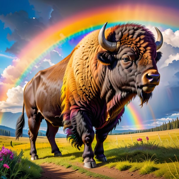 Picture of a bison in a skirt on the rainbow