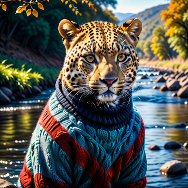 Um leopardo em um suéter no rio