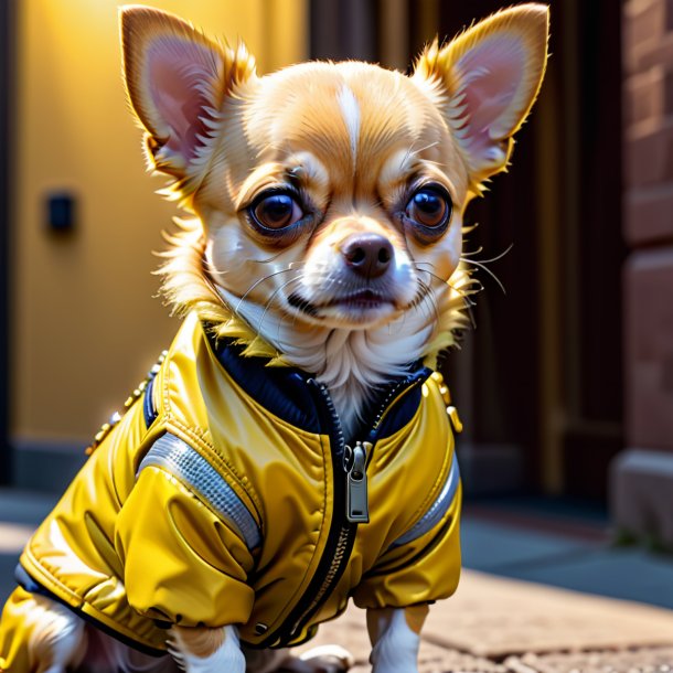 Foto de un chihuahua en una chaqueta amarilla