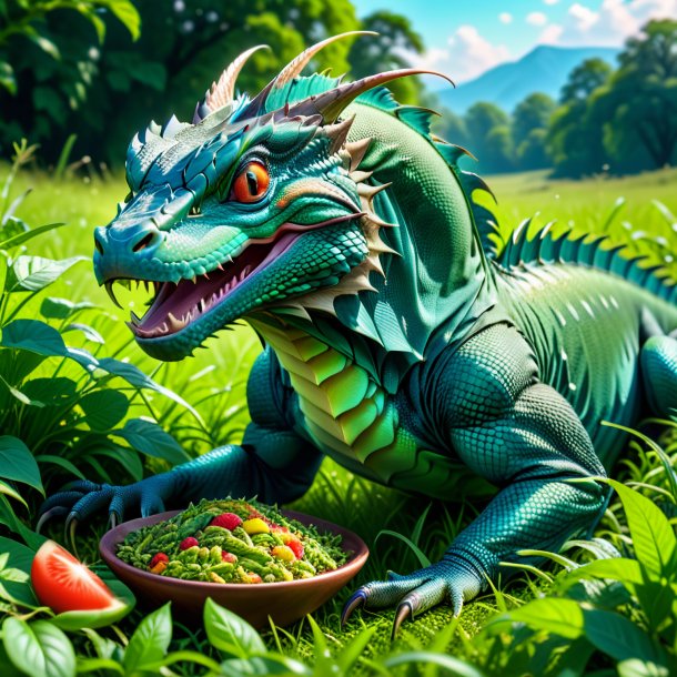 Foto de um comer de um basilisk no prado