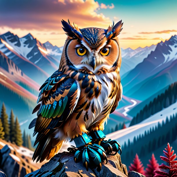 Image of a owl in a gloves in the mountains