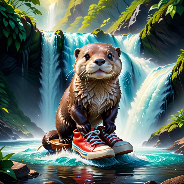 Illustration of a otter in a shoes in the waterfall