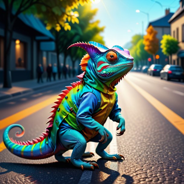 Drawing of a chameleon in a coat on the road