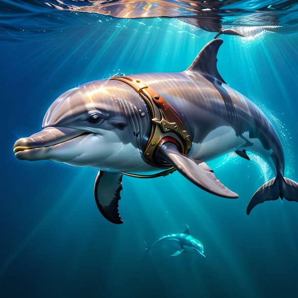 Drawing of a dolphin in a belt in the water