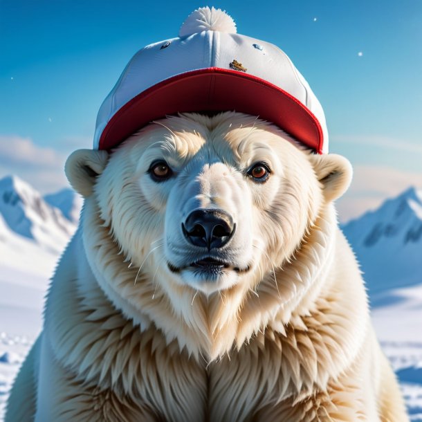 Photo of a polar bear in a cap in the snow