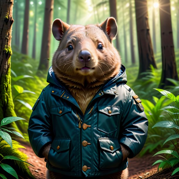 Foto de un wombat en una chaqueta en el bosque