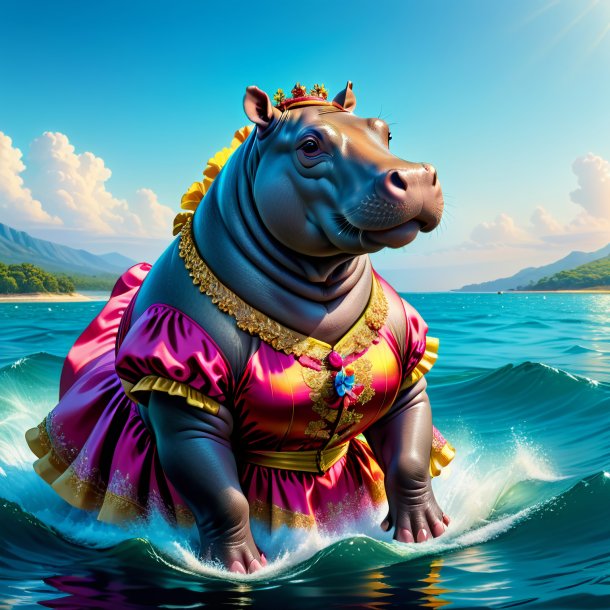 Dessin d'un hippopotame dans une robe dans la mer