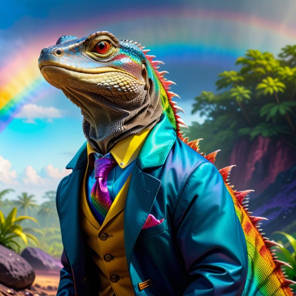 Picture of a monitor lizard in a coat on the rainbow