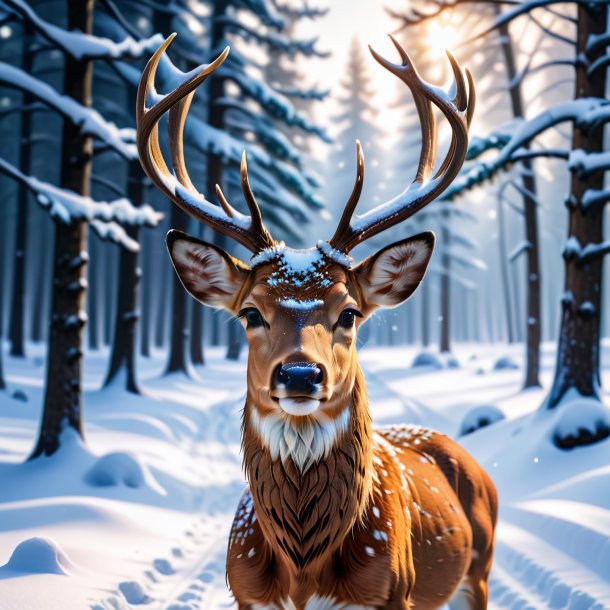 Foto de un ciervo en una gorra en la nieve