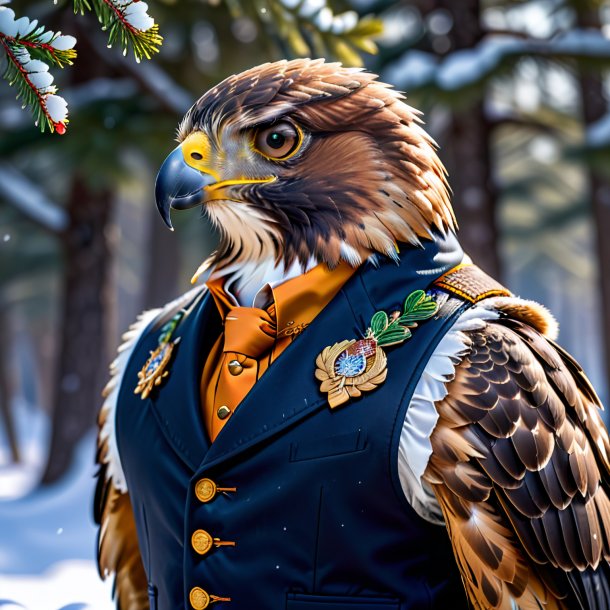 Image of a hawk in a vest in the snow