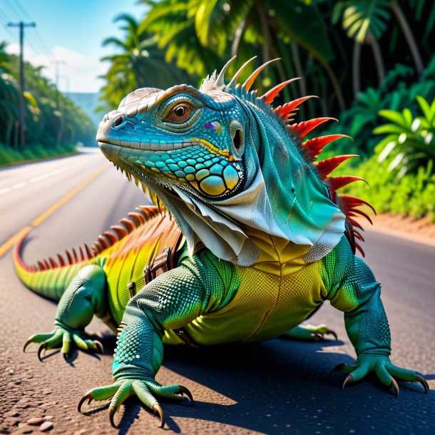 Photo of a iguana in a belt on the road