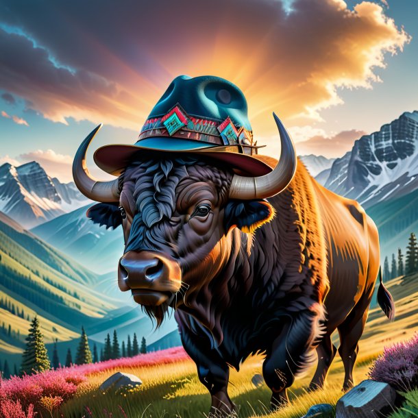 Image of a buffalo in a hat in the mountains