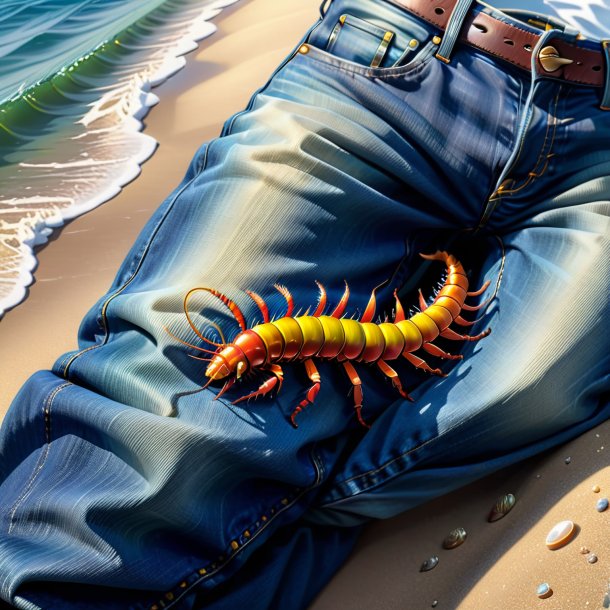 Drawing of a centipede in a jeans in the sea