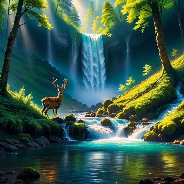 Photo of a waiting of a deer in the waterfall