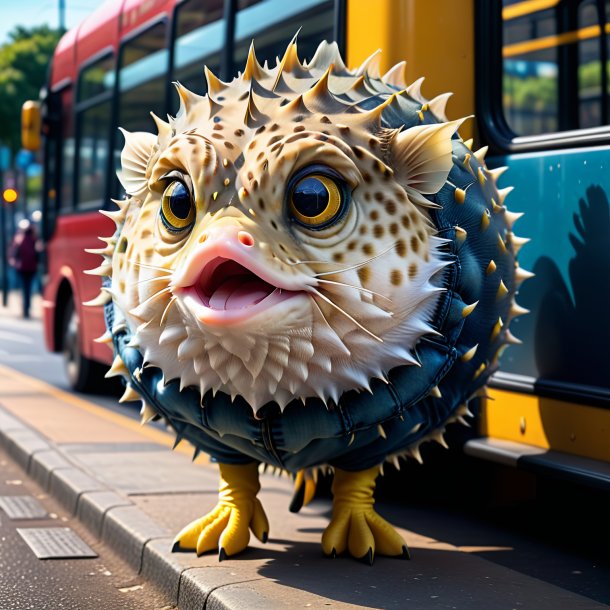 Image of a pufferfish in a jeans on the bus stop