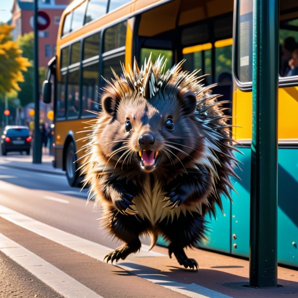 Photo d'un saut d'un porc-épic sur l'arrêt de bus