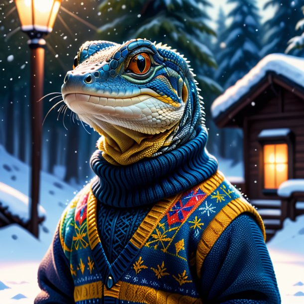 Desenho de um lagarto monitor em um suéter na neve