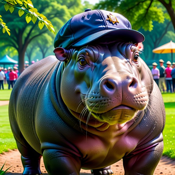 Picture of a hippopotamus in a cap in the park