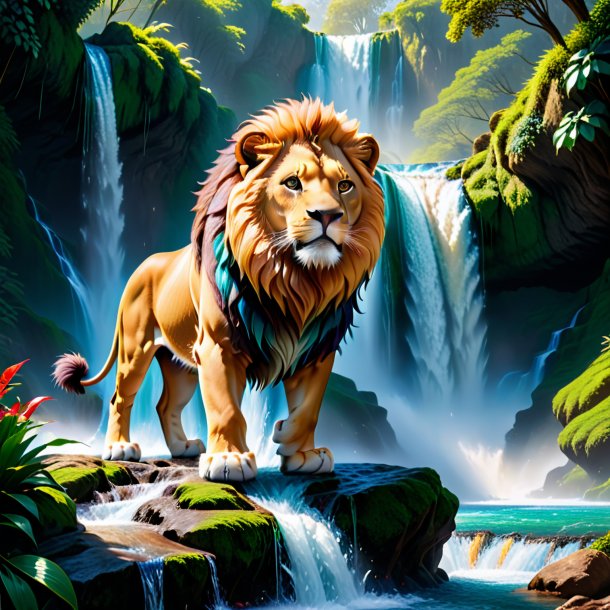 Picture of a lion in a shoes in the waterfall