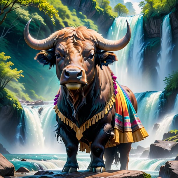 Picture of a buffalo in a skirt in the waterfall