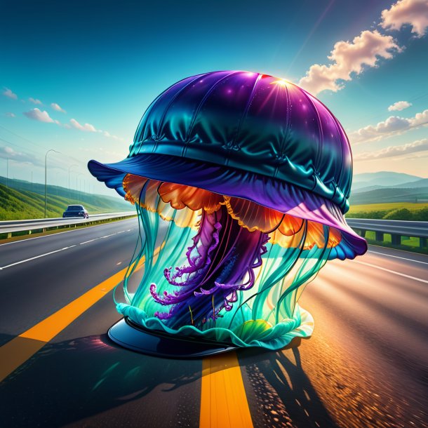 Illustration of a jellyfish in a cap on the highway