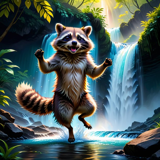 Image of a dancing of a raccoon in the waterfall