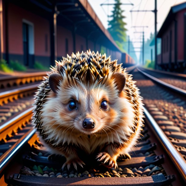 Pic of a hedgehog in a belt on the railway tracks