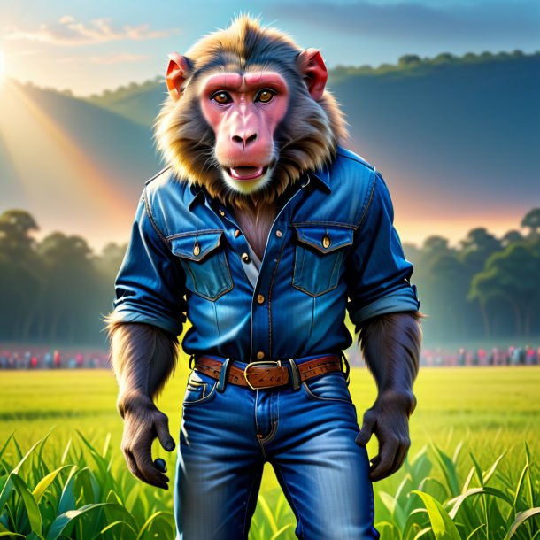 Drawing of a baboon in a jeans on the field