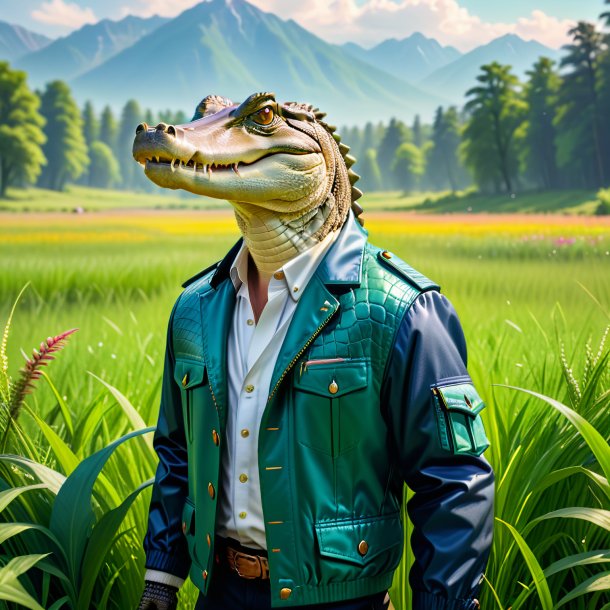 Pic of a crocodile in a jacket in the meadow