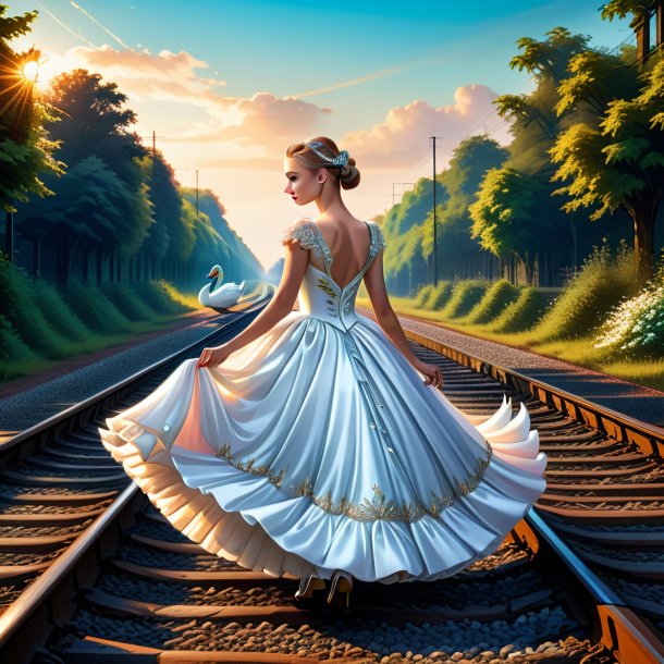 Ilustração de um cisne em um vestido nos trilhos ferroviários