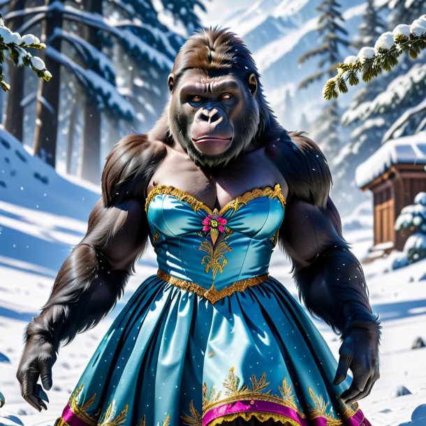 Image of a gorilla in a dress in the snow