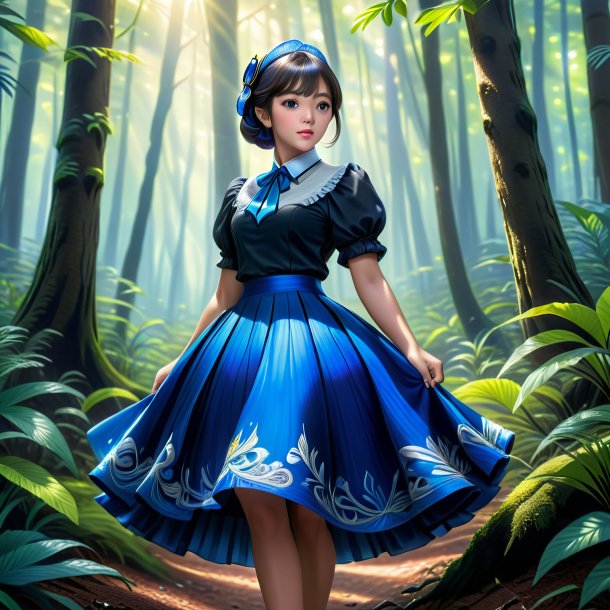 Drawing of a blue tang in a skirt in the forest