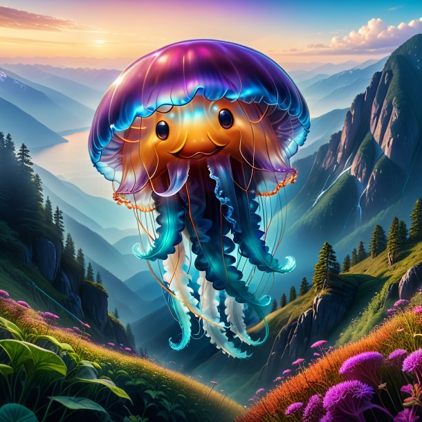 Image of a smiling of a jellyfish in the mountains