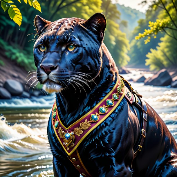 Picture of a panther in a vest in the river