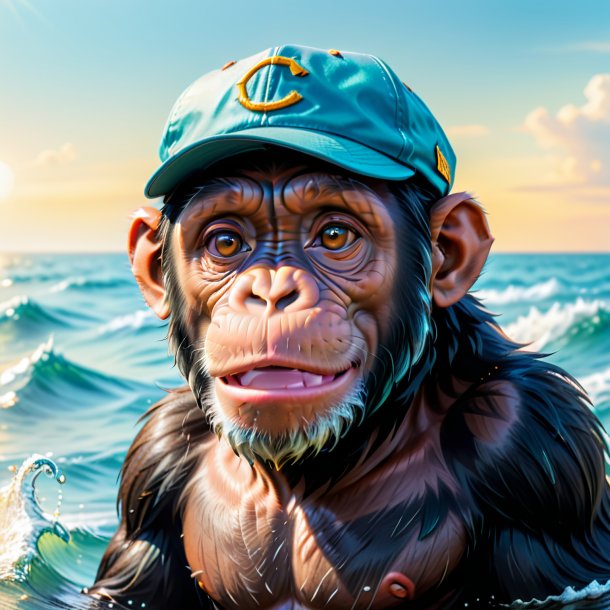 Photo of a chimpanzee in a cap in the sea