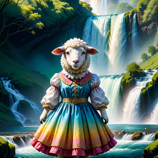 Ilustração de uma ovelha em um vestido na cachoeira