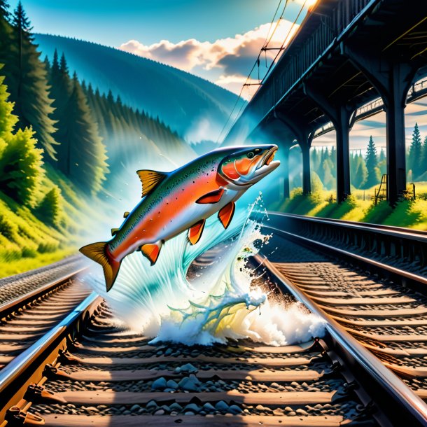 Pic of a jumping of a salmon on the railway tracks