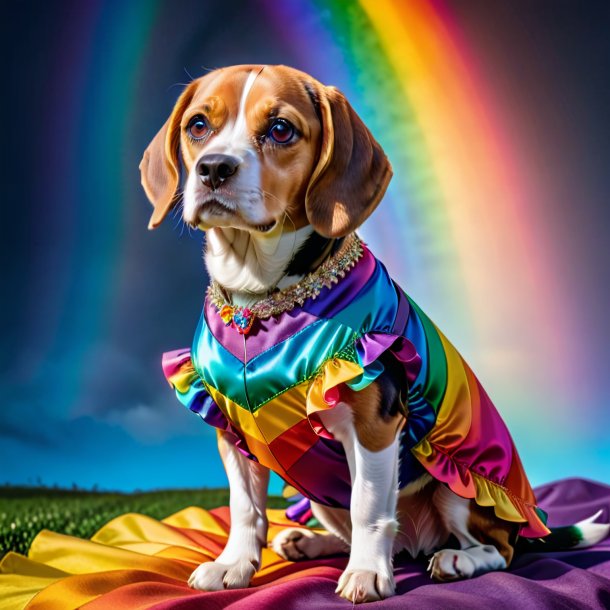 Foto de un beagle en un vestido en el arco iris