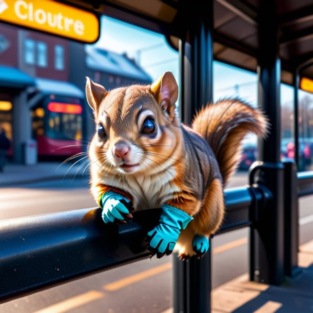 Foto de una ardilla voladora en guantes en la parada de autobús