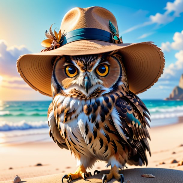 Picture of a owl in a hat on the beach