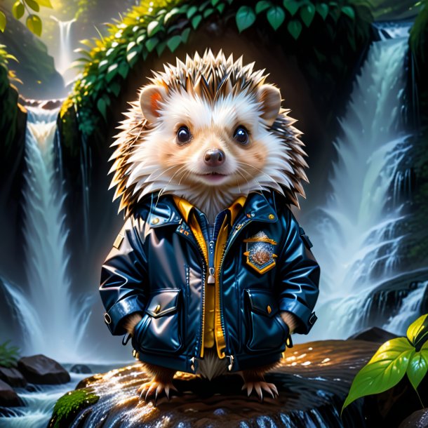 Drawing of a hedgehog in a jacket in the waterfall