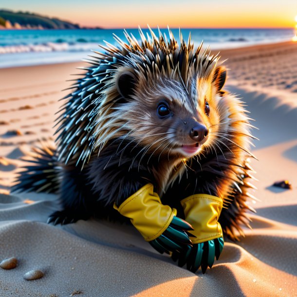 Pic of a porcupine in a gloves on the beach