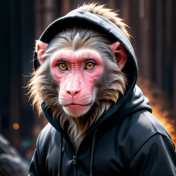 Picture of a baboon in a black hoodie