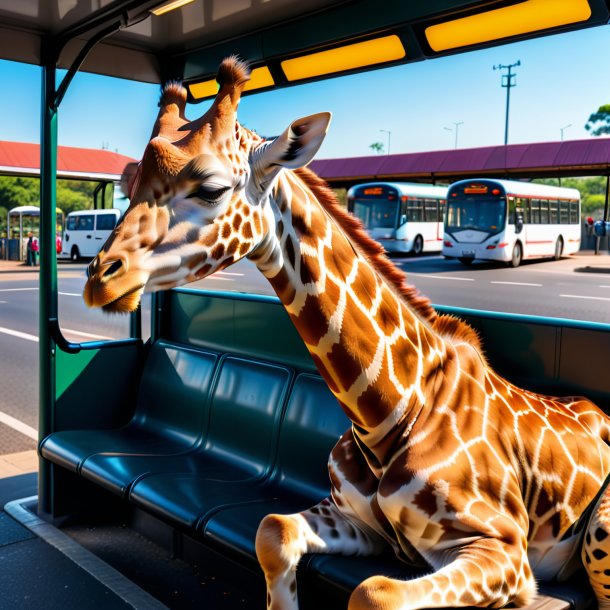 Foto de um sono de uma girafa no ponto de ônibus