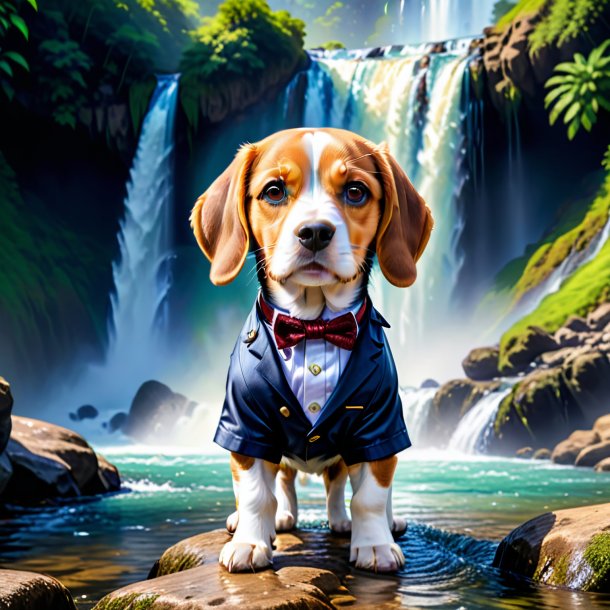 Picture of a beagle in a trousers in the waterfall