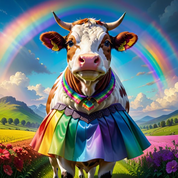 Illustration of a cow in a skirt on the rainbow