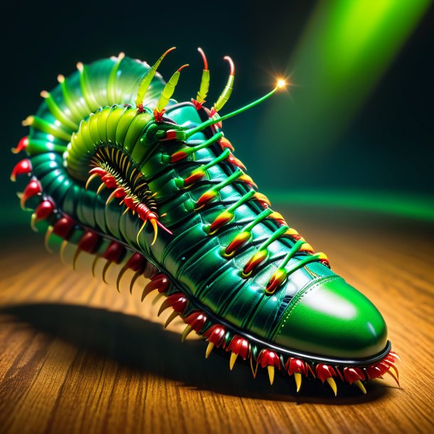 Picture of a centipede in a green shoes